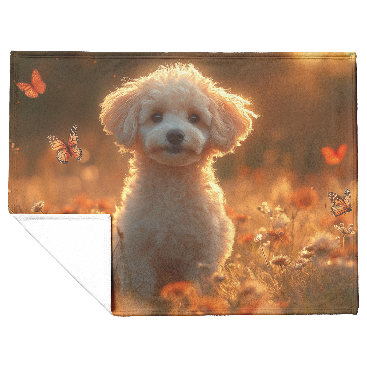 White_Poodle_in_Glowing_Meadow_with_Butt_H_Blanket_Flat_Fold_Mockup.png