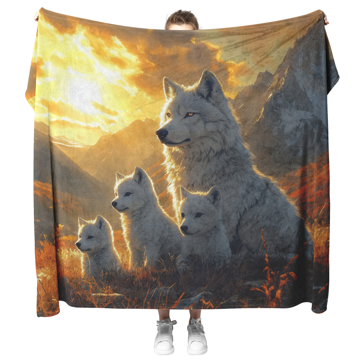 White Wolf Family Cozy Fleece Sherpa Blanket Serenity of the Wild, Embrace the Beauty of Nature - Awakening Righteousness