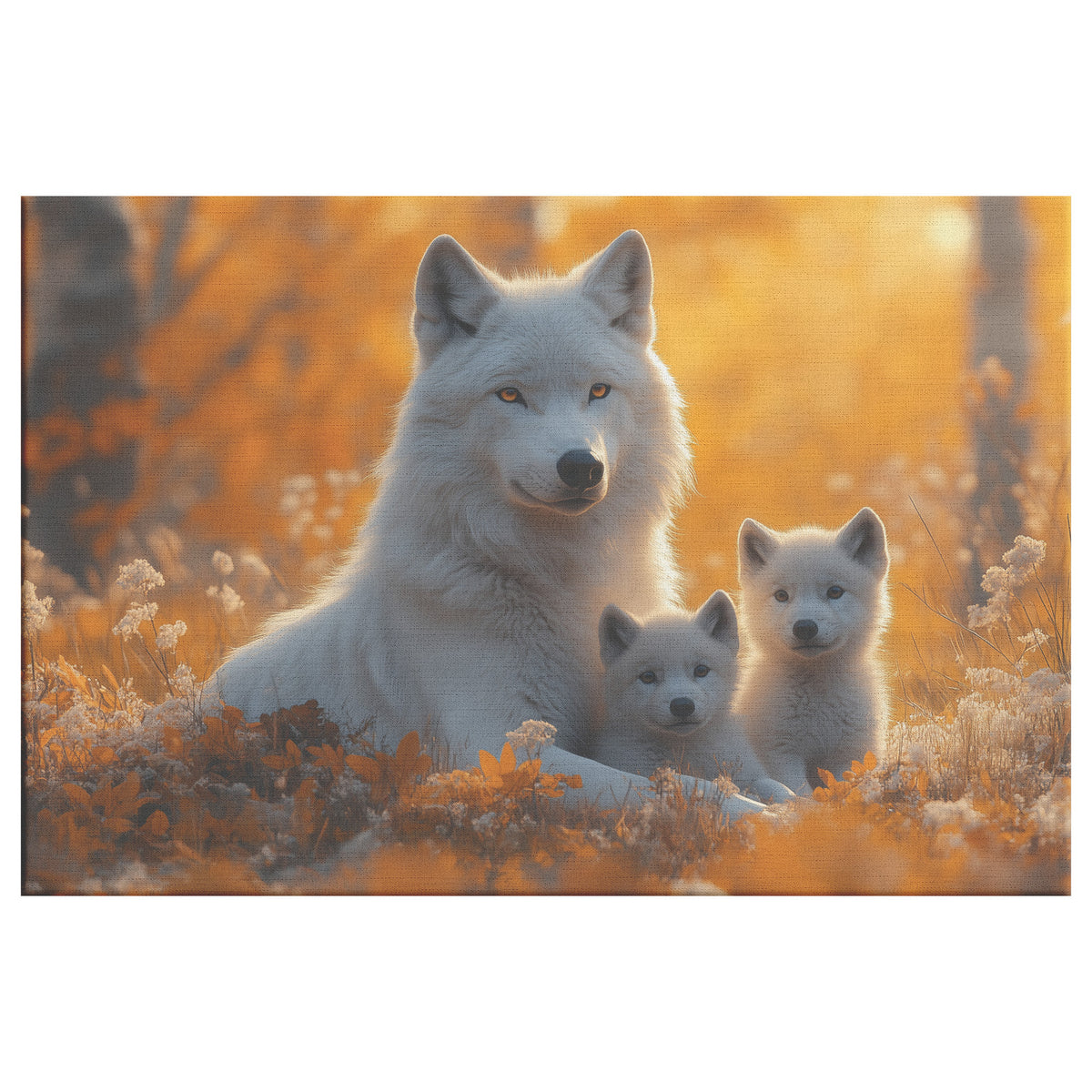 White Wolf with Two Cubs Resting in an Autumn Meadow Bathed in Warm Golden Light  Harmonious Family Moment Wildlife Canvas Art for Home Living Room or Nursery Decor - Awakening Righteousness