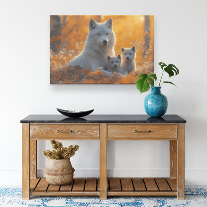 White Wolf with Two Cubs Resting in an Autumn Meadow Bathed in Warm Golden Light  Harmonious Family Moment Wildlife Canvas Art for Home Living Room or Nursery Decor - Awakening Righteousness