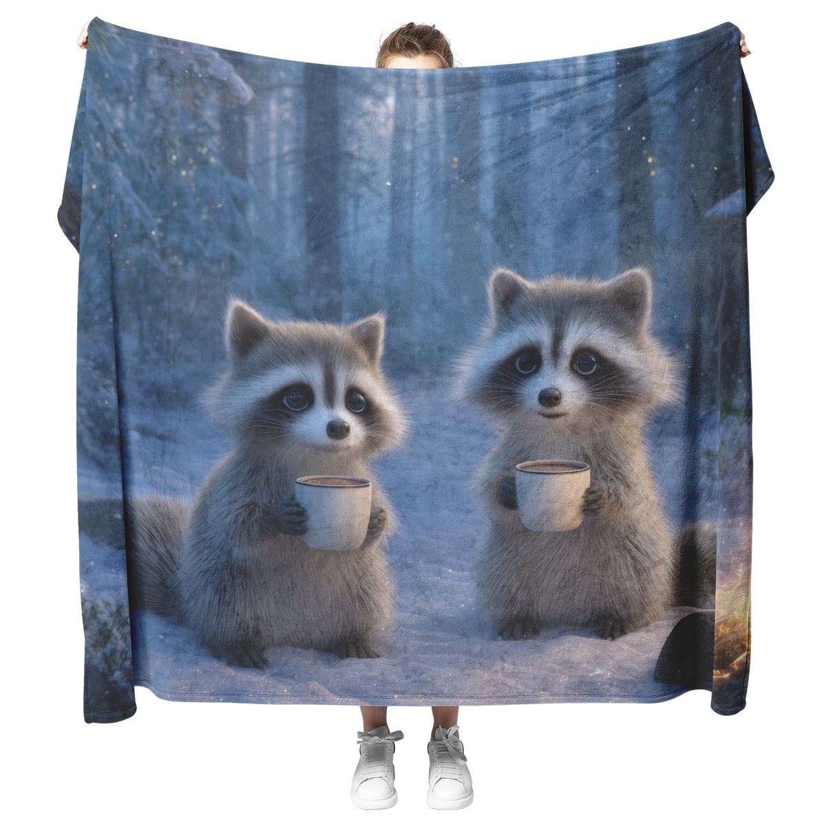 Woodland_Creatures_With_Blue_Eyes_Sippin_H_Blanket_Model_Mockup.png