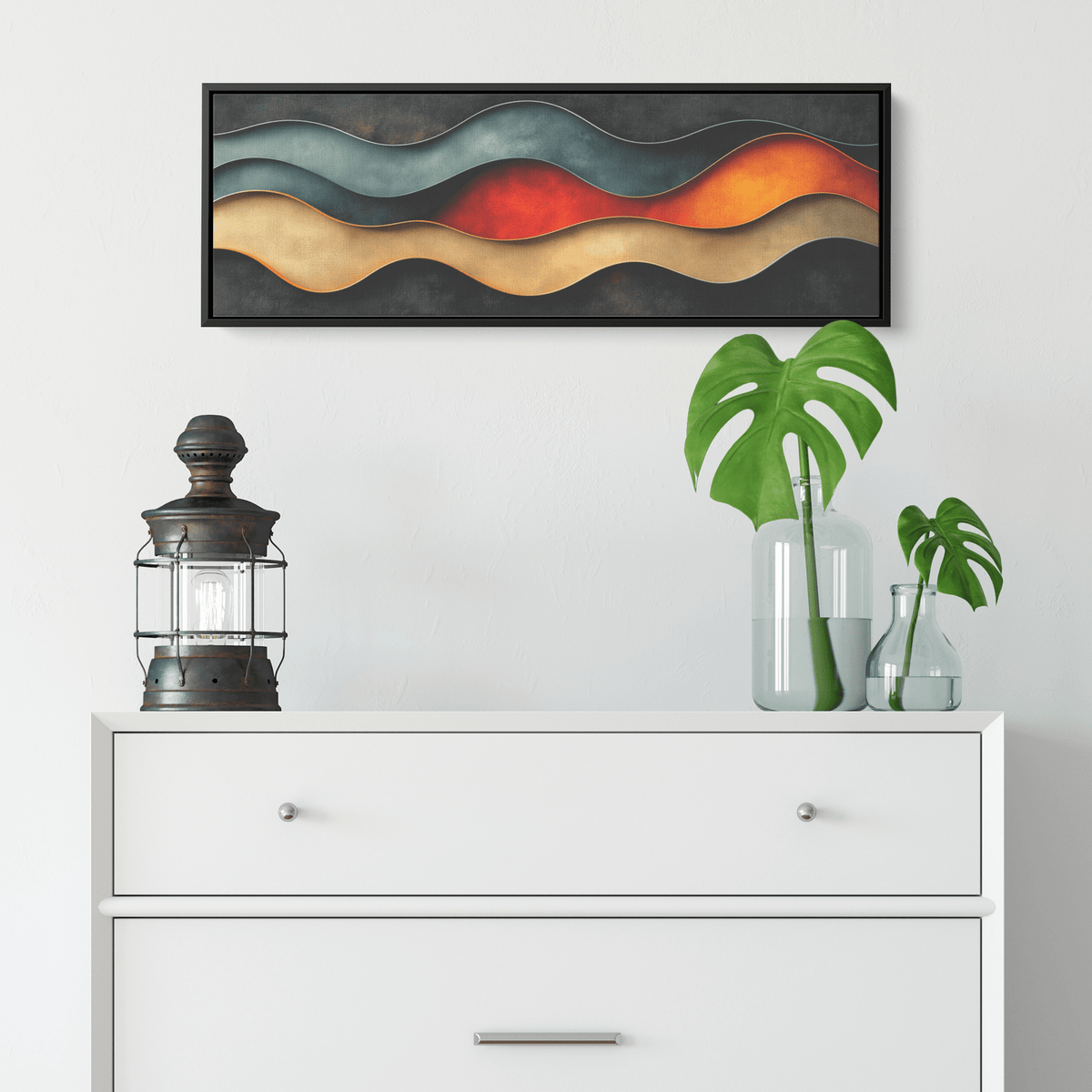 Abstract Composition Bold Wavy Shapes Clay Red Sand Beige Moss Green Earthy Tones Ultra High Definition Modern Boho Panoramic Framed Canvas Wall Art - Awakening Righteousness