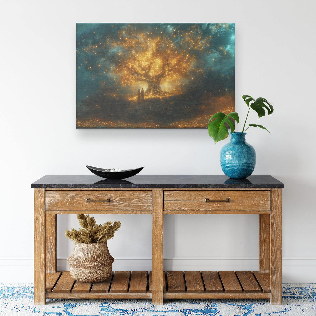 Adam and Eve Under a Glowing Golden Tree Enchanted Forest Canvas Art - Awakening Righteousness