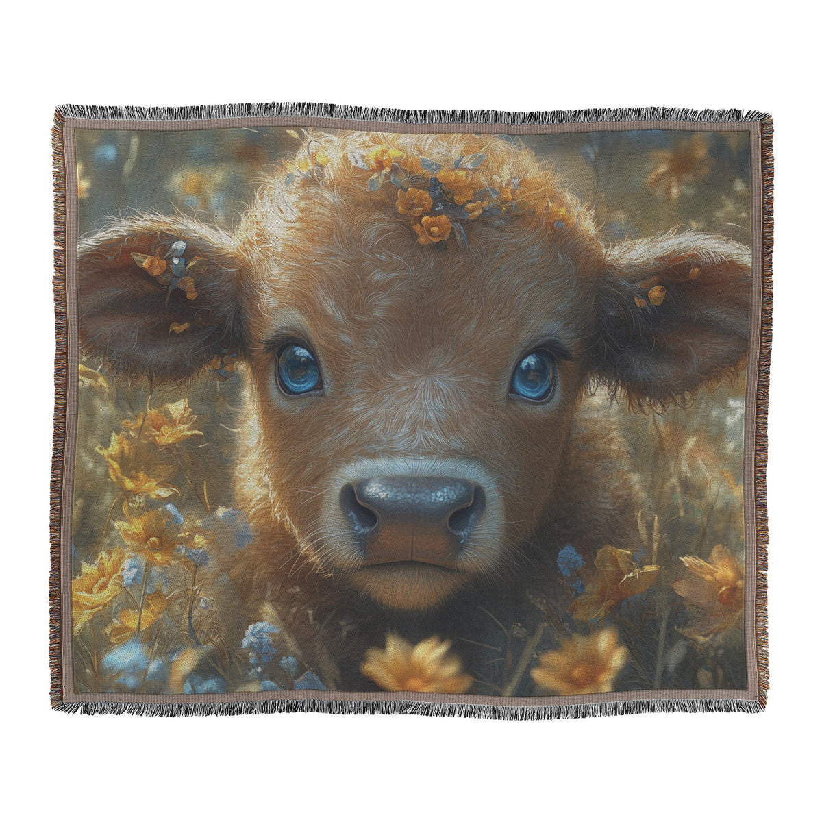 Adorable Baby Calf with Blue Eyes in Lush Field of Yellow Flowers Cozy Woven Throw Blanket - Awakening Righteousness