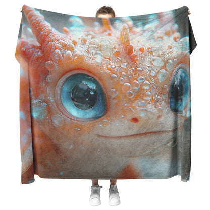 Adorable Baby Dragon with Sparkling Water Droplets and Bright Orange Scales Cozy Fleece Sherpa Blanket - Awakening Righteousness
