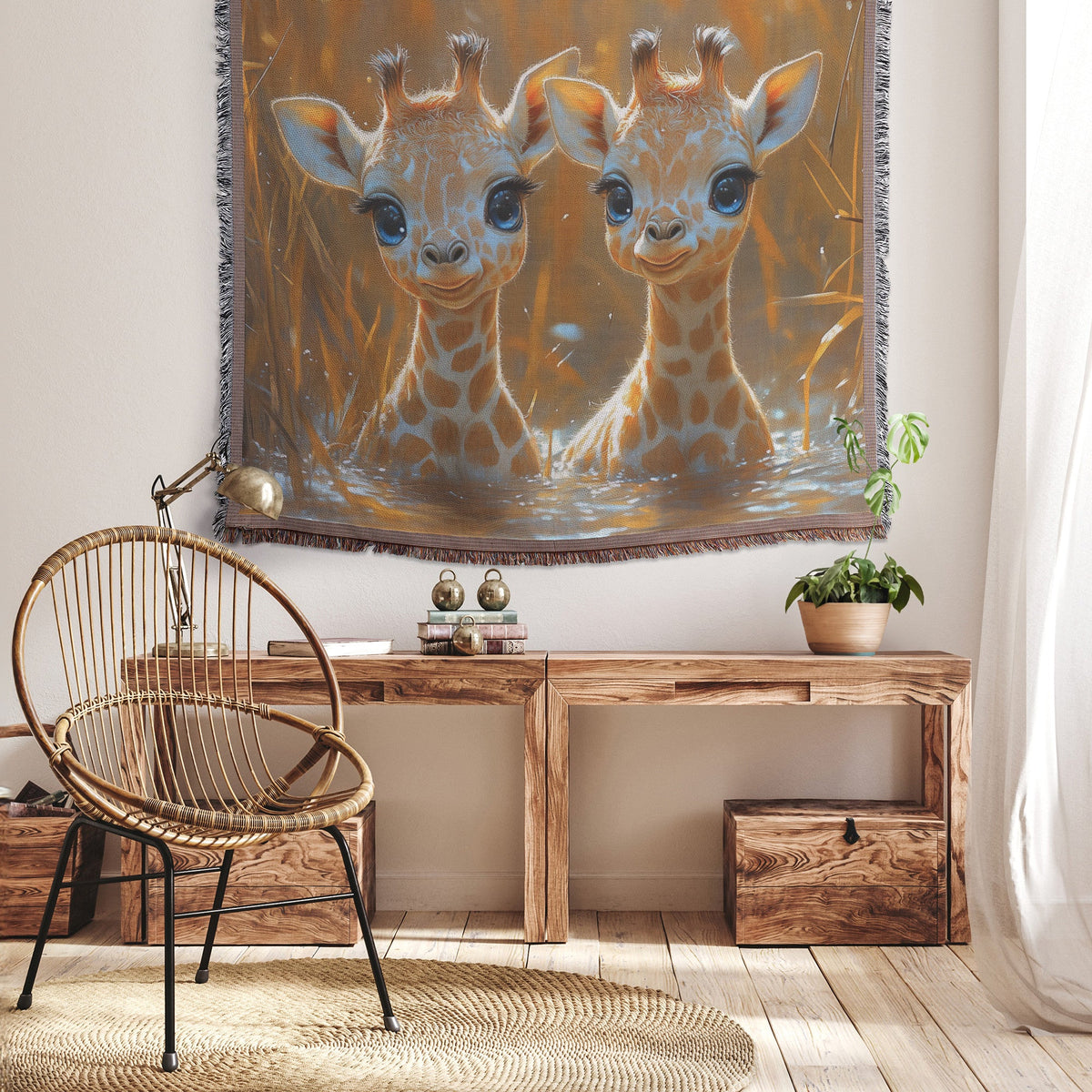 Adorable Baby Giraffes Playfully Smiling in Calm Waters Surrounded by Vibrant Reeds Cozy Woven Throw Blanket - Awakening Righteousness