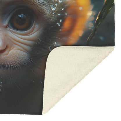 Adorable Baby Monkey in Dewy Forest Cozy Fleece Sherpa Blanket - Awakening Righteousness