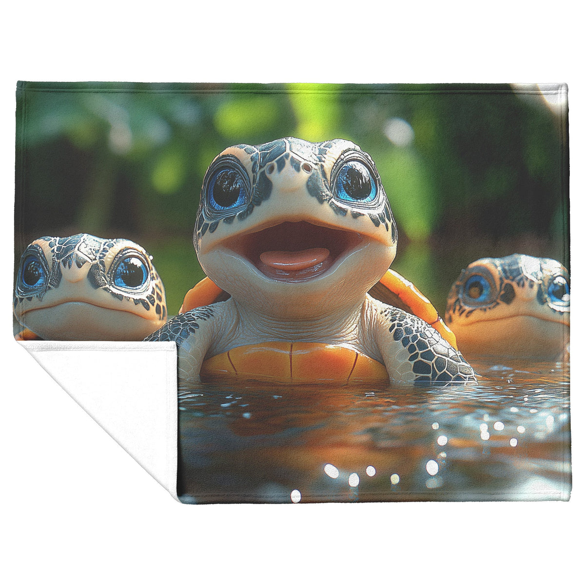 Adorable Baby Turtles Playing in Clear Jungle River Flowing with Lush Greenery Cozy Fleece Sherpa Blanket - Awakening Righteousness