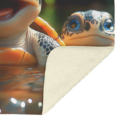 Adorable Baby Turtles Playing in Clear Jungle River Flowing with Lush Greenery Cozy Fleece Sherpa Blanket - Awakening Righteousness
