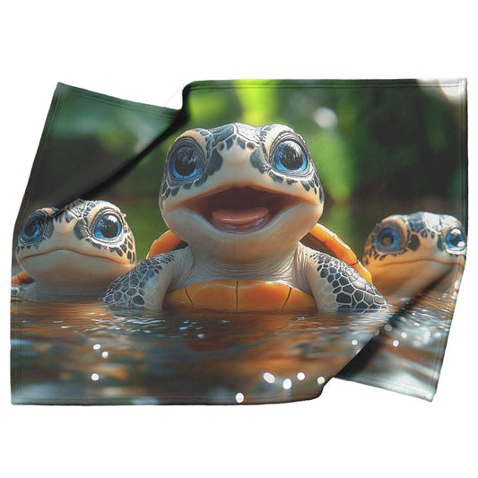 Adorable Baby Turtles Playing in Clear Jungle River Flowing with Lush Greenery Cozy Fleece Sherpa Blanket - Awakening Righteousness