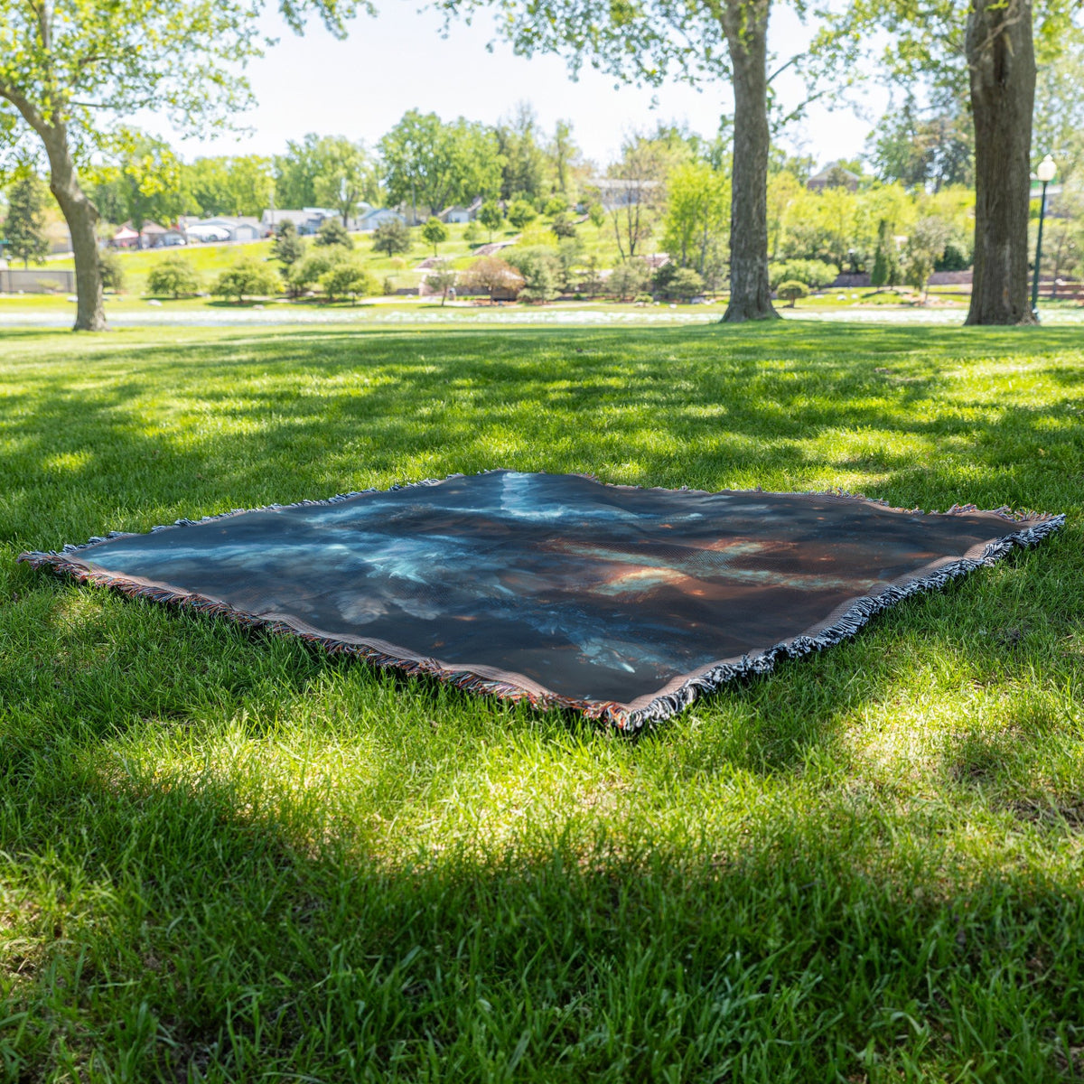 Angel with Glowing Cross and Fiery Wings Woven Throw Blanket for Spiritual Home Decor - Awakening Righteousness