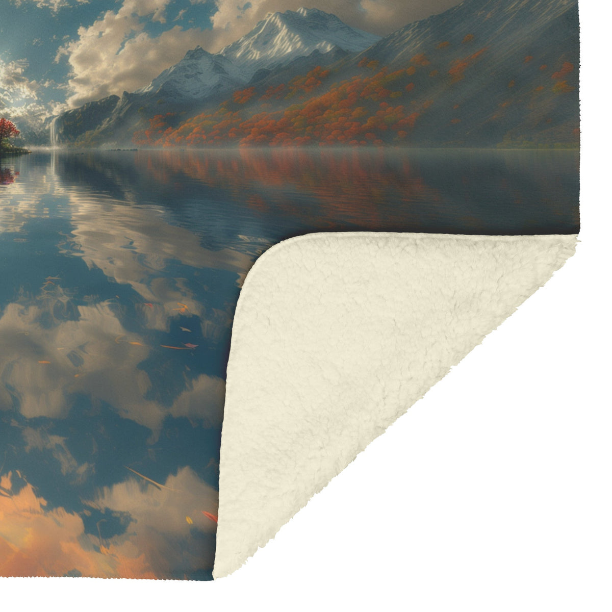 Autumn Landscape with Mountain Reflections in Crystal Clear Lake Surrounded by Colorful Trees on Fleece Sherpa Blanket - Awakening Righteousness