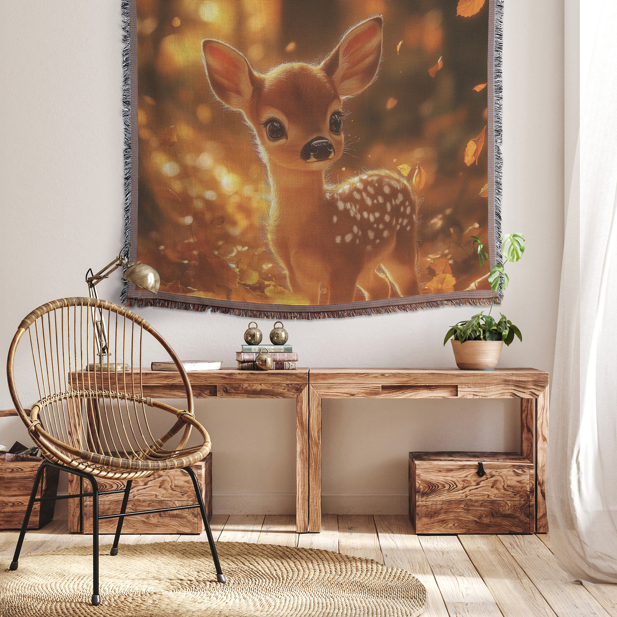 Adorable Baby Deer Woven Throw Blanket  Autumn Forest Wildlife Decor Perfect for Nature Lovers Cozy Home Accent Living Room Office or Fall Decor - Awakening Righteousness