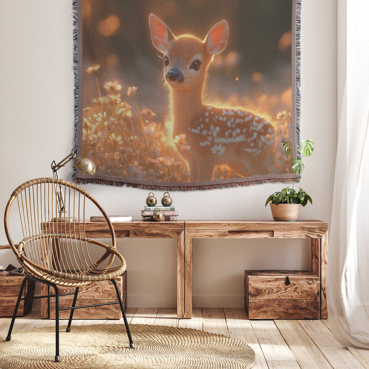 Adorable Baby Deer Woven Throw Blanket Serene Wildflower Meadow Wildlife Decor Perfect for Nature Lovers Cozy Home Living Room or Office Accent - Awakening Righteousness