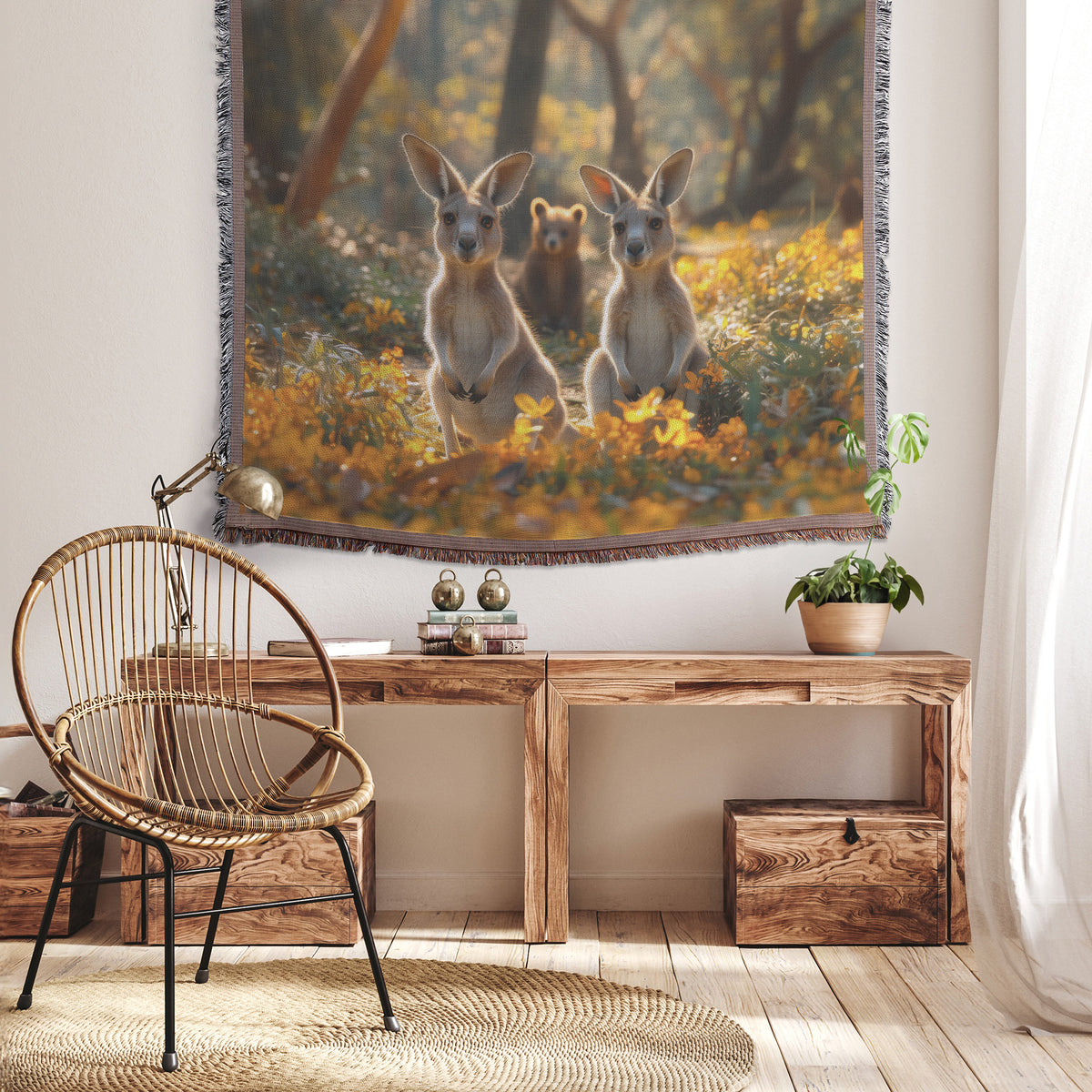 Baby Kangaroos and Bear Cub in Meadow Throw Blanket Cozy Woven Kids Comfort Blanket for Children - Awakening Righteousness