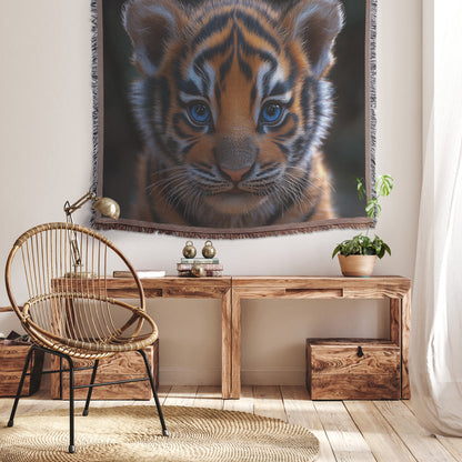 Charming Baby Tiger Cub with Big Blue Eyes Soft and Cozy Woven Throw Blanket Innocence and Curiosity for Animal Lovers Home Decor Nature Enthusiasts - Awakening Righteousness