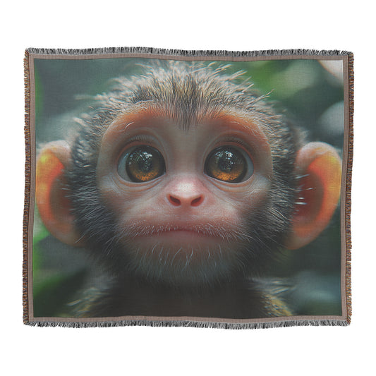 Cute Baby Monkey with Big Eyes Woven Throw Blanket  Cozy Kids Comfort Blanket with Playful Jungle Scene Blanket for Children - Awakening Righteousness