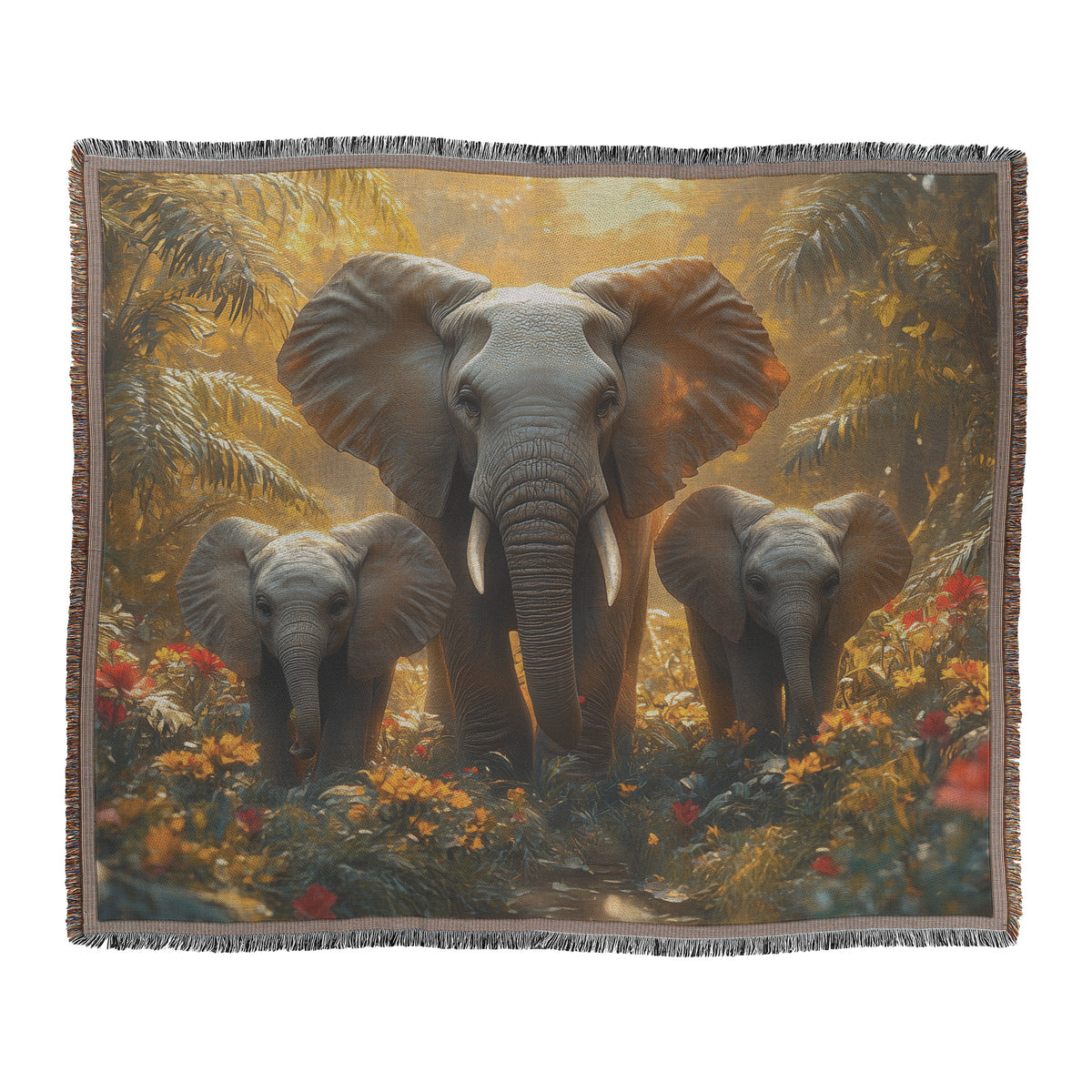 Heartwarming Family of Elephants Woven Throw Blanket  Elephants Walking Through Lush Jungle with Vibrant Flowers  Perfect for Living Room Office or Wildlife-Inspired Décor - Awakening Righteousness