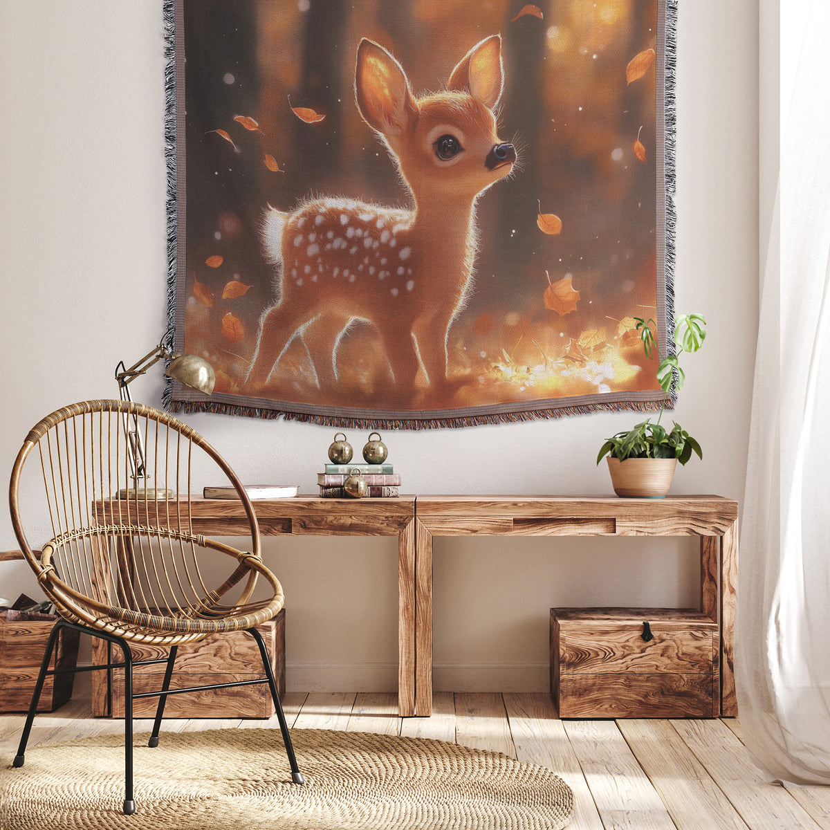 Innocent Fawn in Autumn Forest Christian Throw Blanket  Cozy Woven Kids Comfort Blanket with Tranquil Charm  Holy Faith Inspired Prayer Healing Blanket for Children - Awakening Righteousness