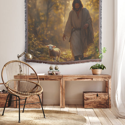 Jesus Guiding Lamb Through Peaceful Forest Throw Blanket  Cozy Woven Kids Comfort Blanket with Divine Guidance  Holy Faith Inspired Prayer Healing Blanket for Children - Awakening Righteousness