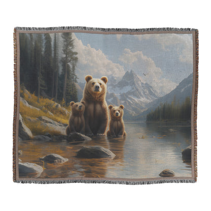 Majestic Grizzly Bears Serene Waters  Family of Bears in Front of Towering Mountains  Wildlife Art Woven Throw Blanket for Living Room & Office Decor - Awakening Righteousness