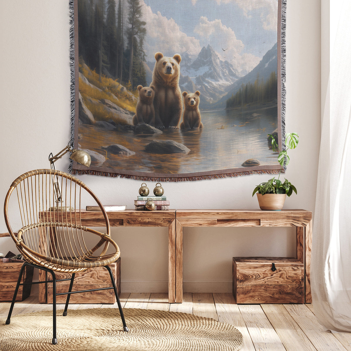 Majestic Grizzly Bears Serene Waters – Family of Bears in Front of Towering Mountains – Wildlife Art Woven Throw Blanket for Living Room & Office Decor - Awakening Righteousness