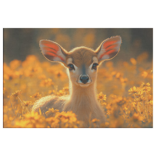 Adorable Baby Deer with Large Ears Standing in a Field of Yellow Flowers  Golden Hour Wildlife Canvas Wall Art for Home Living Room or Nursery - Awakening Righteousness