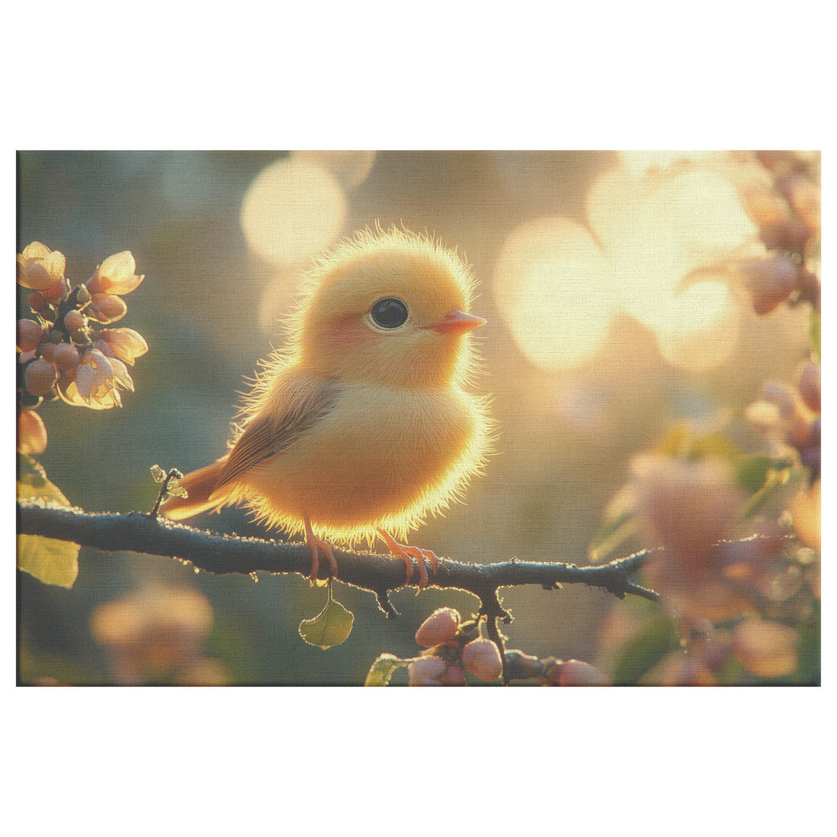Adorable Yellow Bird on Apple Tree Branch Surrounded Blossoms   Christian Canvas Wall Art Decor - Awakening Righteousness