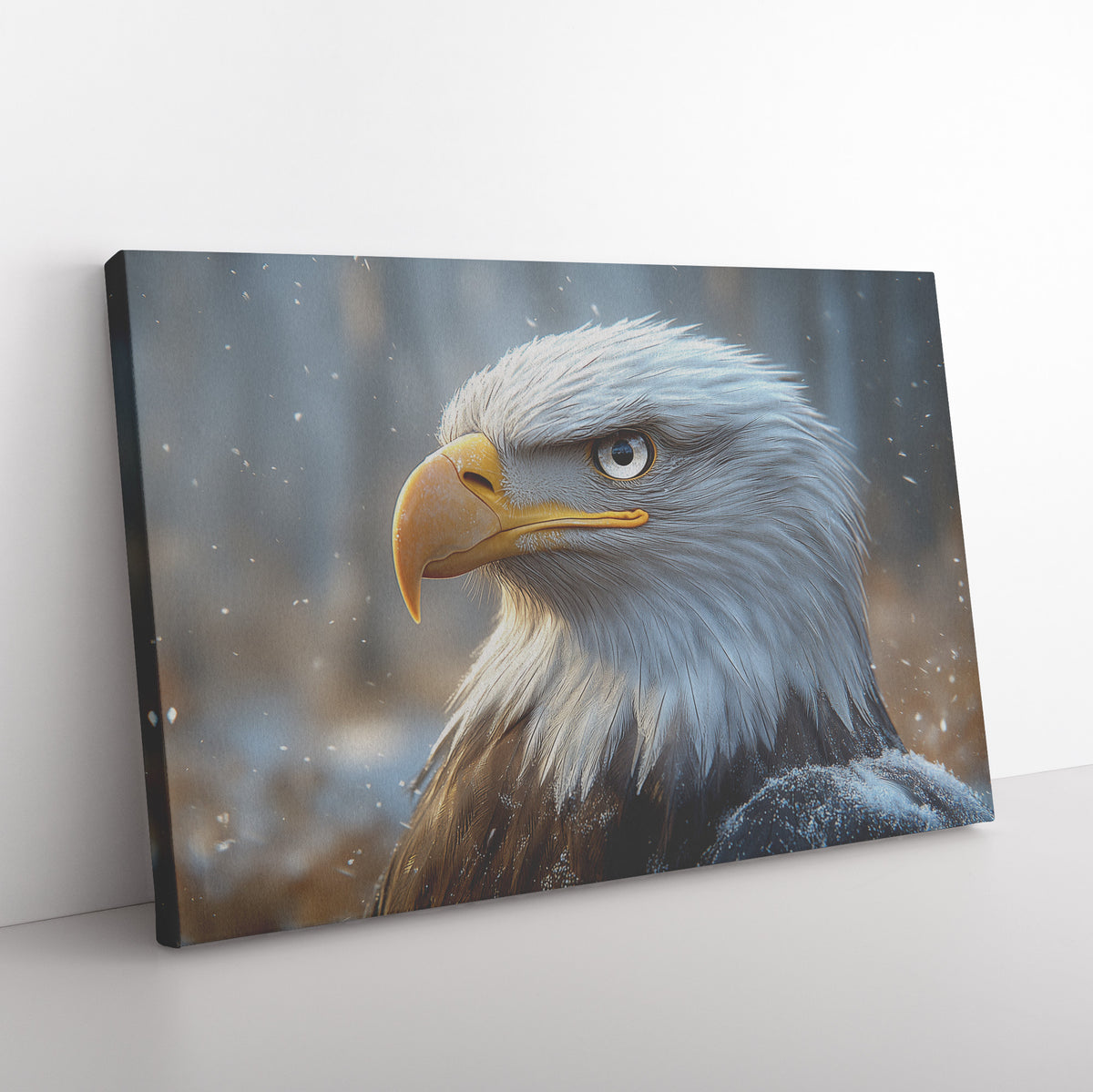 Bald Eagle with Detailed Feathers and Sharp Beak in Snowy Environment  Majestic Wildlife Canvas Wall Art Decor for Home or Office - Awakening Righteousness