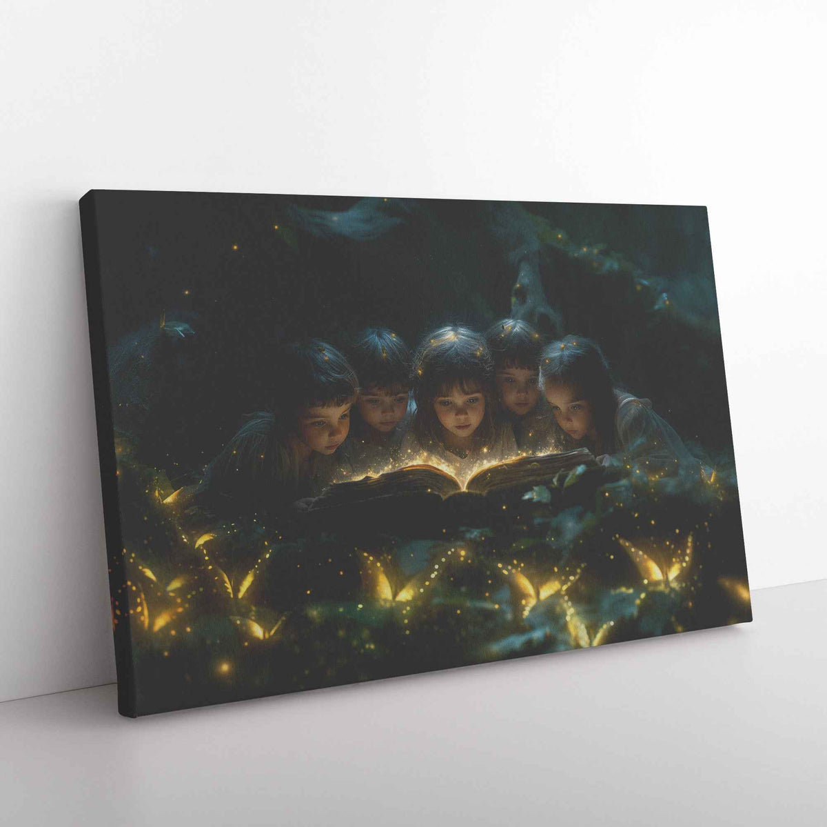 Children Reading A Glowing Bible In The Magical Forest With Glowing Butterflys Kids Canvas Art Decor