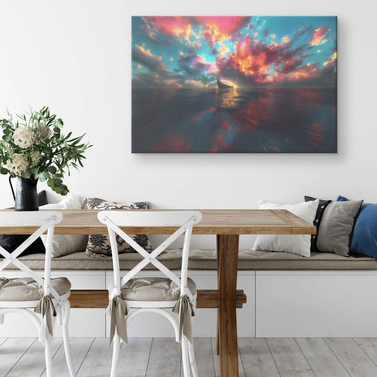 Colorful Sunset Over the Ocean with Noah's Ark   Christian Canvas Wall Decor