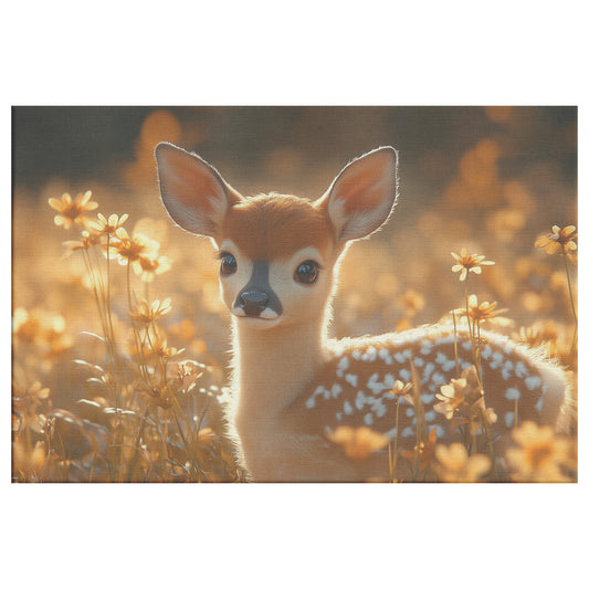 Cute Baby Deer in Field of Golden Flowers with Sunlight Shining  Adorable Wildlife Art Nature Canvas Wall Art for Home Living Room or Office - Awakening Righteousness