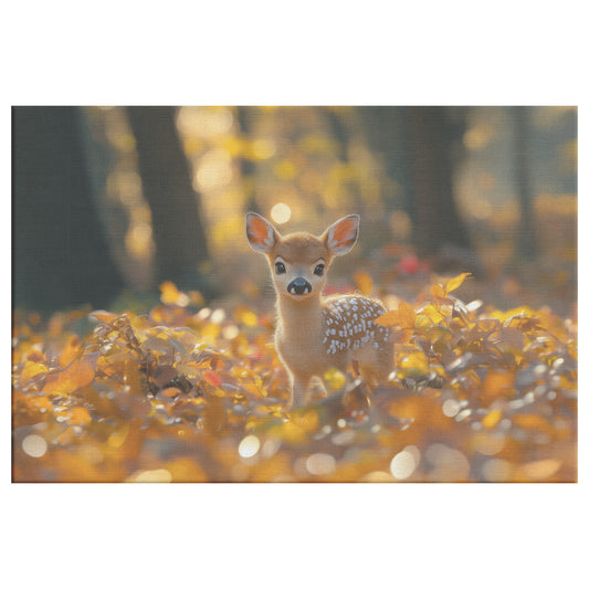 Cute Fawn in the Forest Surrounded Autumn Leaves Bathed in Golden Sunlight   Christian Canvas Wall Art Decor - Awakening Righteousness