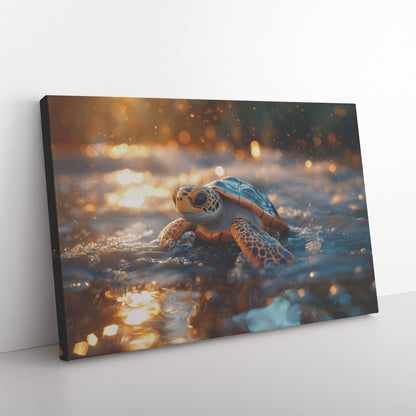 Cute Turtle Gliding Through Crystal-Clear Waters in Golden Sunset Glow  Serene Ocean Wildlife Canvas Wall Art Decor for Home or Living Room - Awakening Righteousness