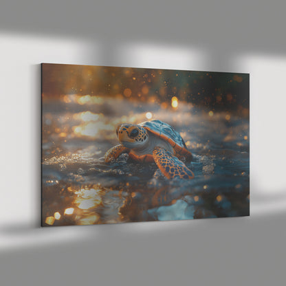 Cute Turtle Gliding Through Crystal-Clear Waters in Golden Sunset Glow  Serene Ocean Wildlife Canvas Wall Art Decor for Home or Living Room - Awakening Righteousness