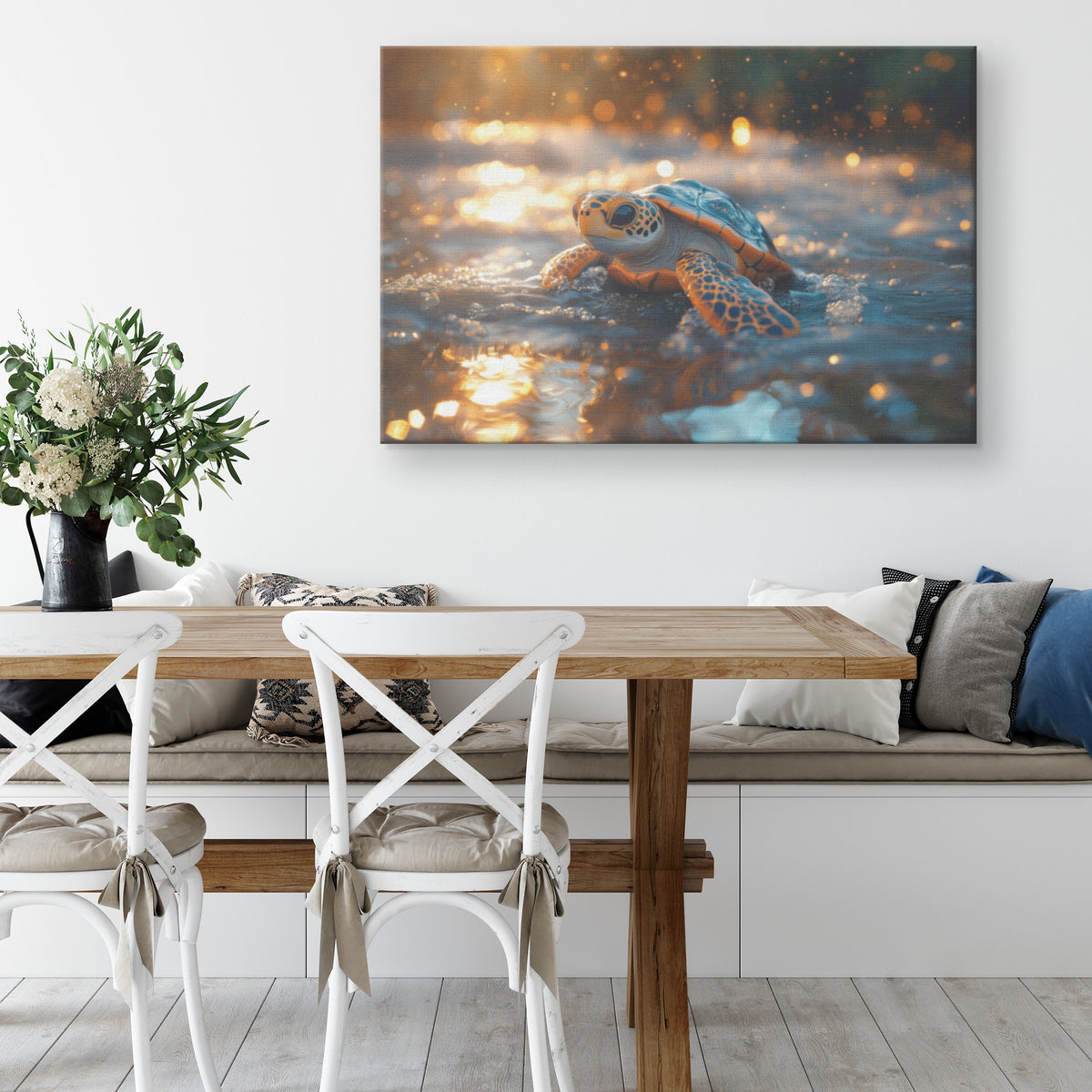 Cute Turtle Gliding Through Crystal-Clear Waters in Golden Sunset Glow  Serene Ocean Wildlife Canvas Wall Art Decor for Home or Living Room - Awakening Righteousness