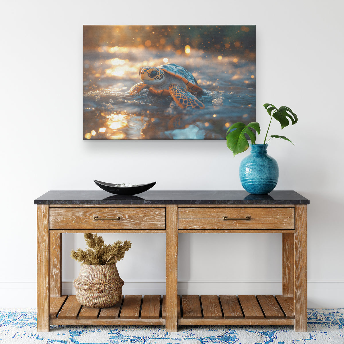 Cute Turtle Gliding Through Crystal-Clear Waters in Golden Sunset Glow  Serene Ocean Wildlife Canvas Wall Art Decor for Home or Living Room - Awakening Righteousness