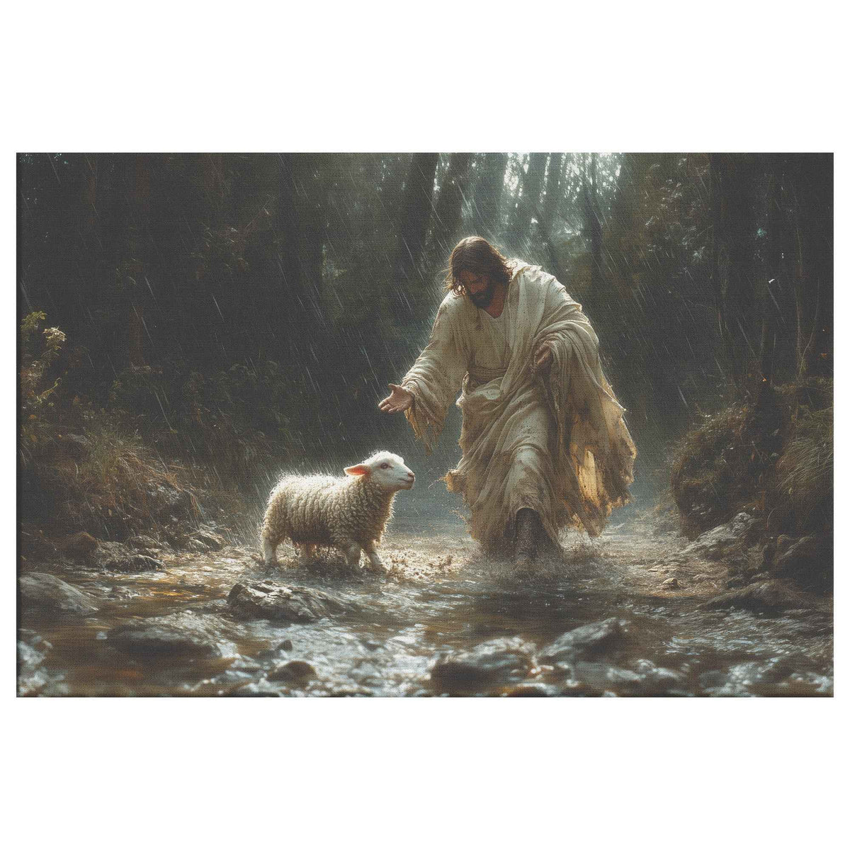Divine Light in the Darkness Jesus Guiding the Lost Lamb Through Rain   Christian Canvas Wall Art Decor