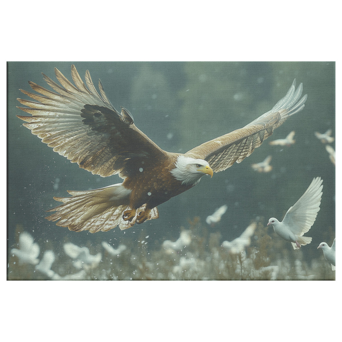 Eagle Soaring with White Doves Over Wildflowers and Mist  Majestic Wildlife Art for Home Living Room or Office  Canvas Wall Art Decor - Awakening Righteousness