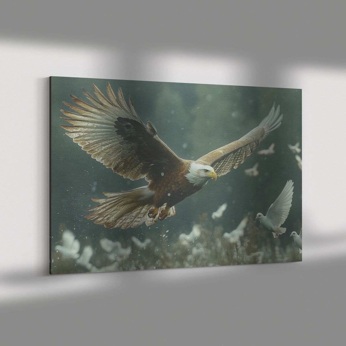 Eagle Soaring with White Doves Over Wildflowers and Mist  Majestic Wildlife Art for Home Living Room or Office  Canvas Wall Art Decor - Awakening Righteousness