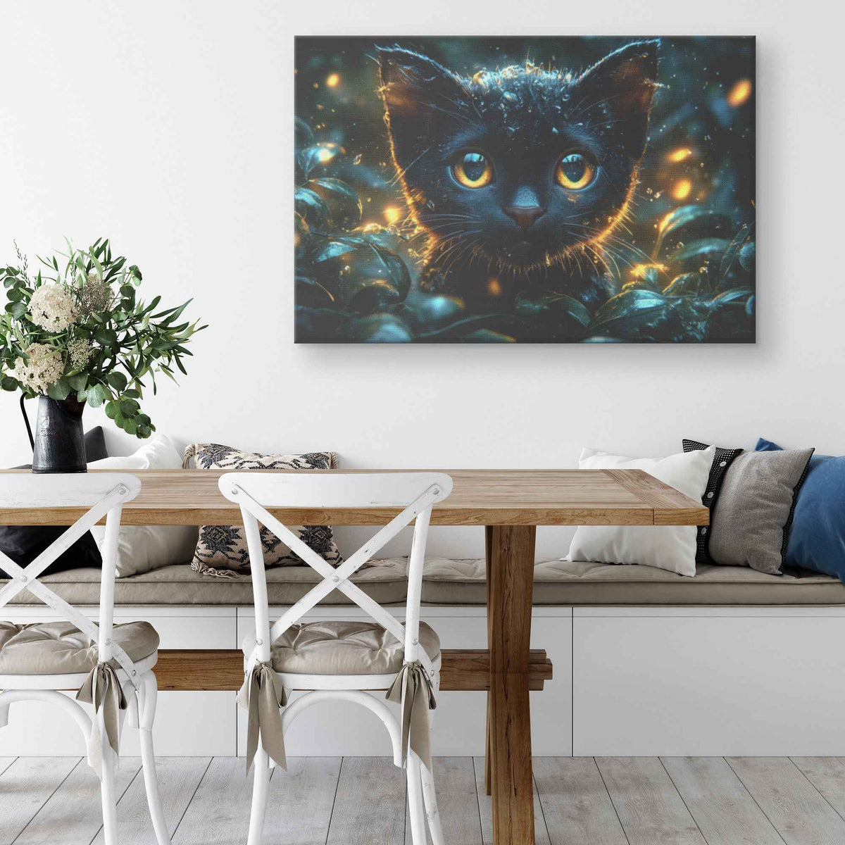 Enchanted Black Cat with Glowing Eyes A Magical Forest Scene with Fireflies and Water Droplets   Christian Canvas Wall Art Decor