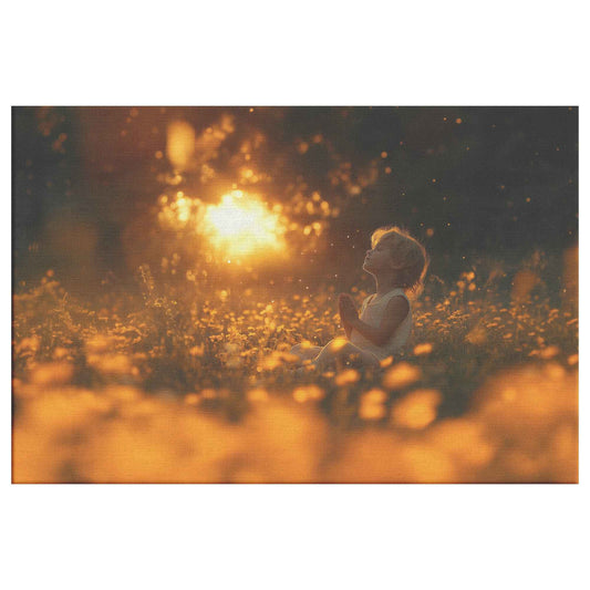 Enchanting Sunset Prayer Child Surrounded Yellow Wildflowers and Fireflies   Dreamy Christian Canvas Wall Art Decor