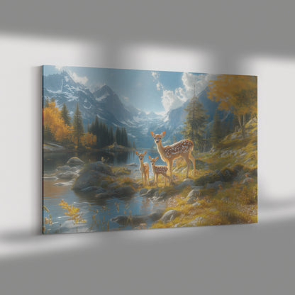 Family of Deer River with Towering Mountains and Snow-Capped Peaks  Nature Wildlife Art for Home Living Room Cabin or Office  Canvas Wall Art Decor - Awakening Righteousness