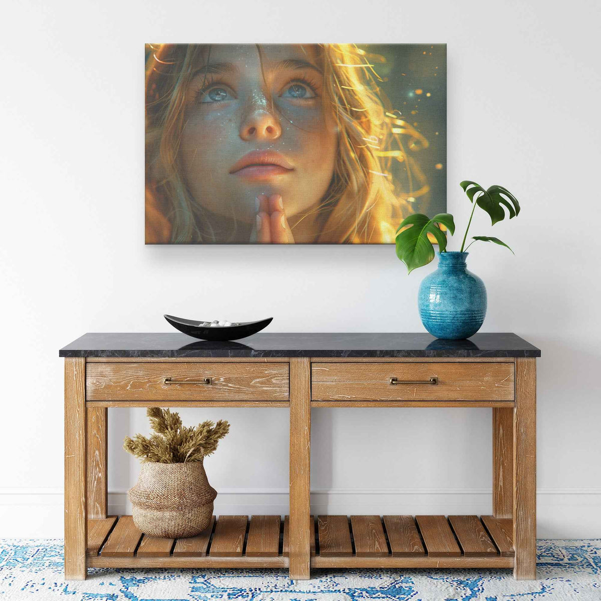 Golden Hope Girl Praying with Glittering Faith   Inspiring Christian Canvas Wall Art Decor