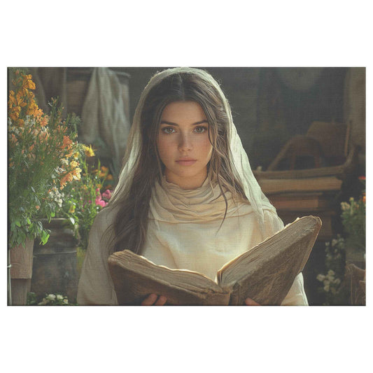 Graceful Reflection Young Woman Reading the Bible in a Blooming Garden   Inspiring Christian Wall Art Decor