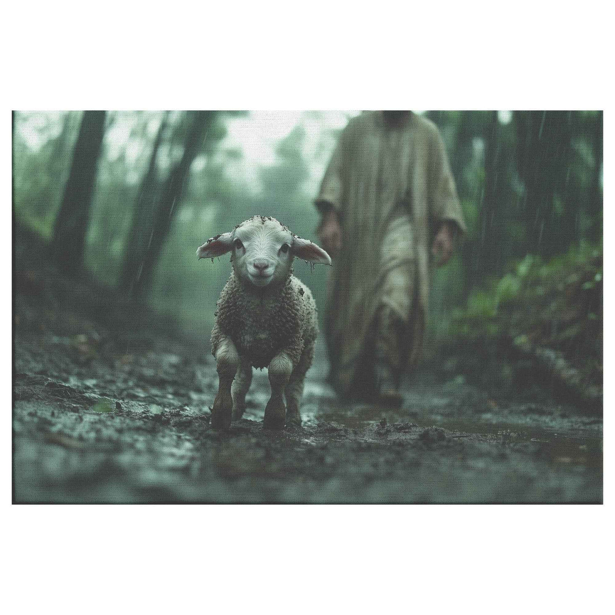 Graceful Rescue Jesus Protecting the Muddy Lamb on the Rainy Forest Path   Christian Canvas Wall Art Decor