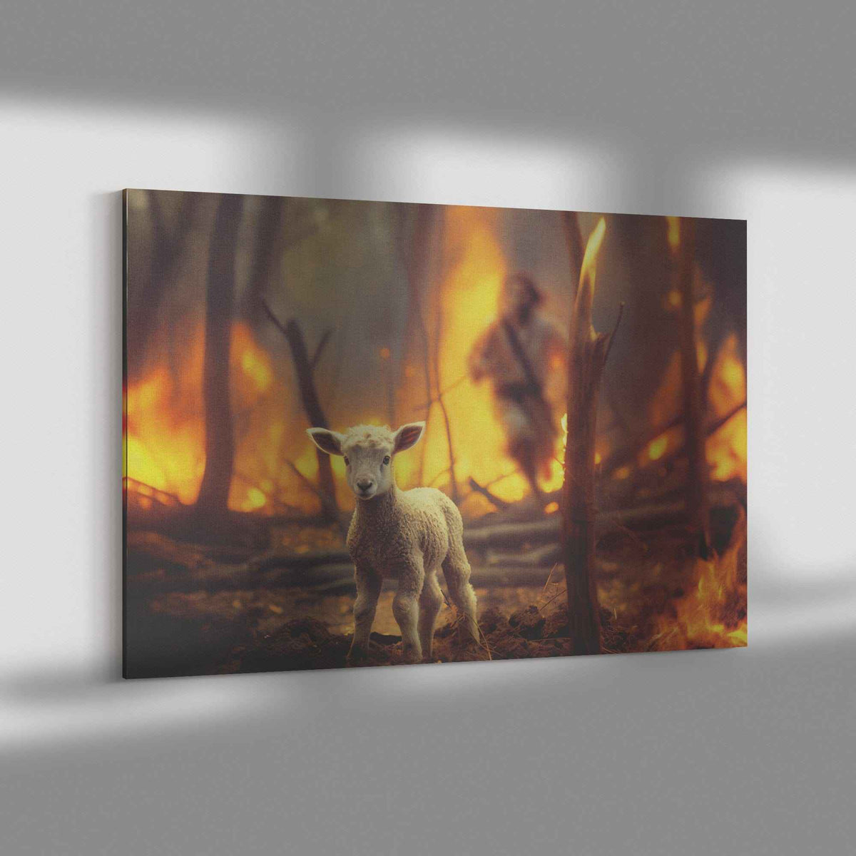Helpless Lamb Lost In Forest Fire With Jesus Christ Running To Save Us