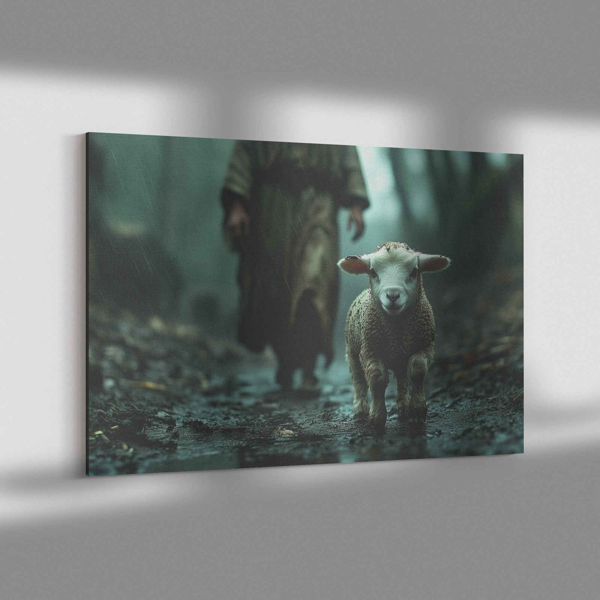 Hope in the Storm Lost Lamb Guided Jesus on a Rainy Path   Christian Canvas Wall Art Decor
