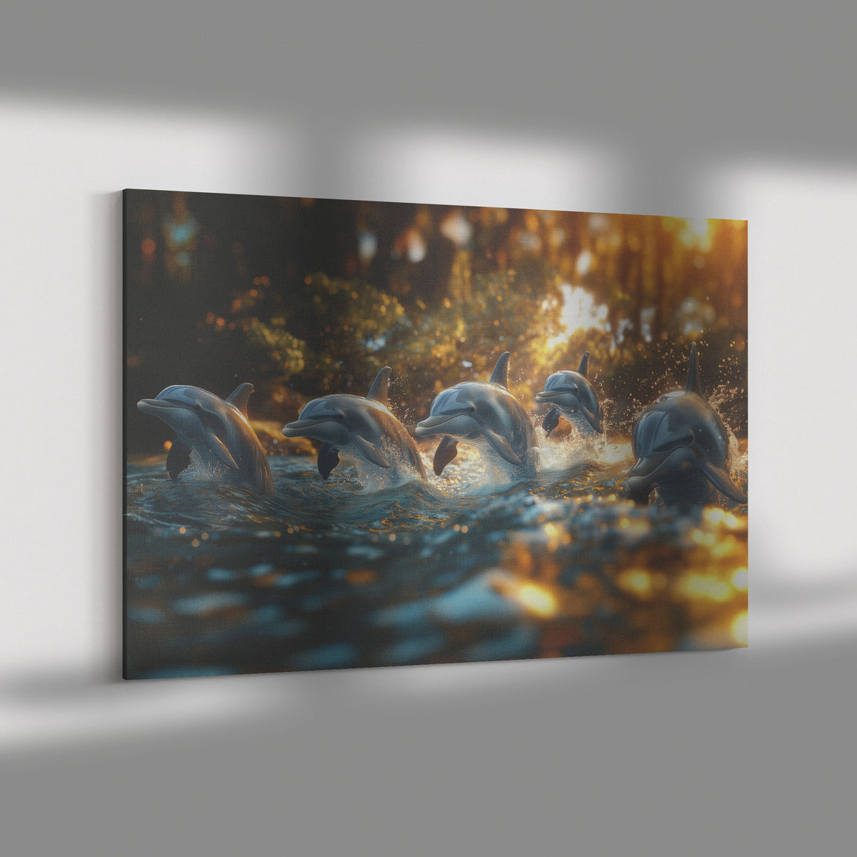 Joyful Dolphins Leaping in a Forest Lake  Serene Natural Beauty Canvas Wall Art Decor - Awakening Righteousness