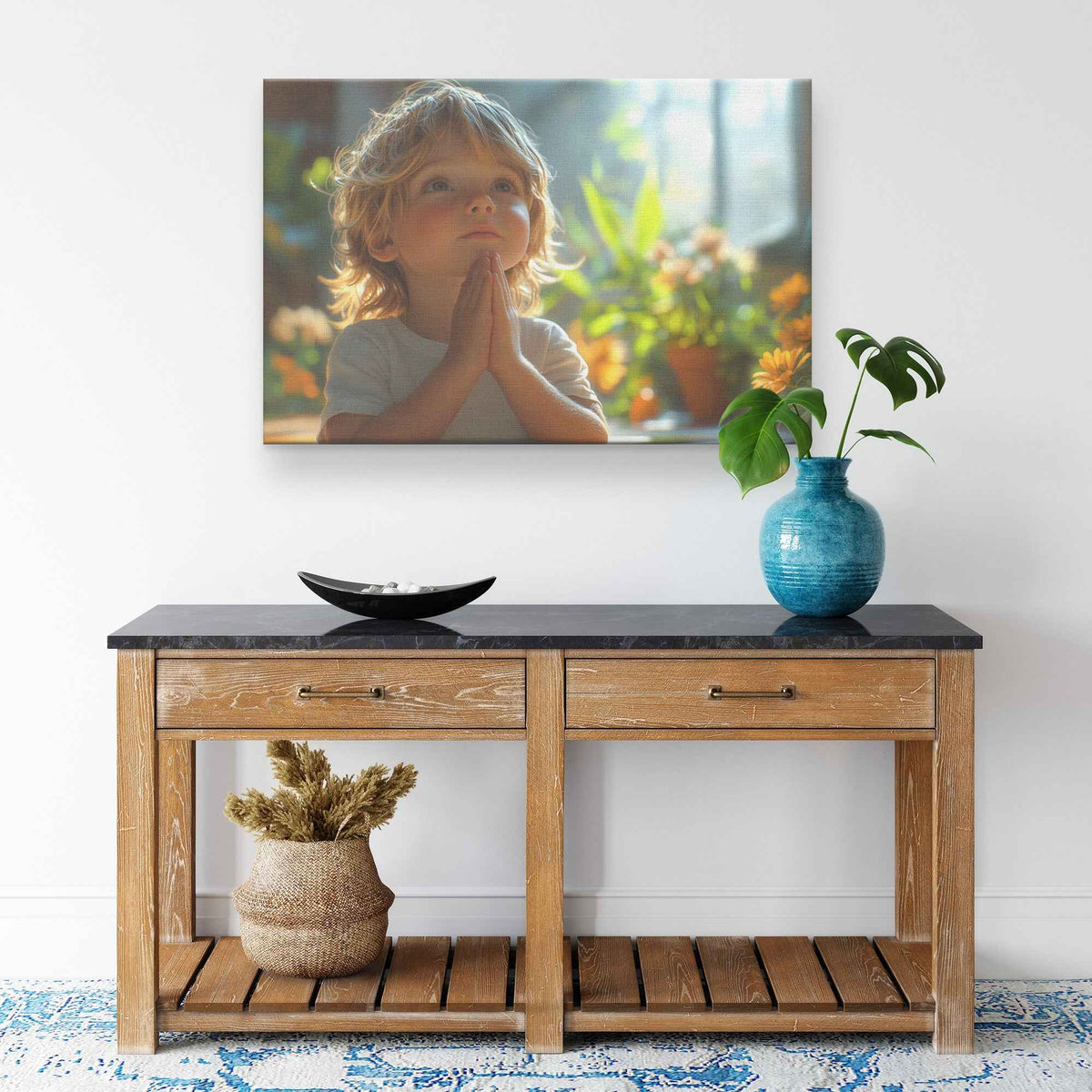 Little Boys Faithful Prayer in Soft Sunlight with Gentle Shadows and Calm Expression Christian Canvas Wall Art Decor